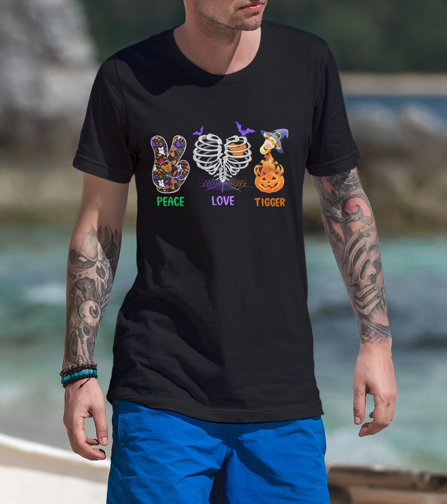 Peace Love Tigger Halloween Skeleton Pumpkin T-Shirt