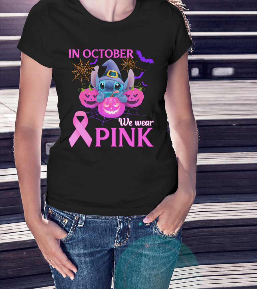 In October We Wear Pink Stitch Halloween Breast Cancer Awareness T-Shirt