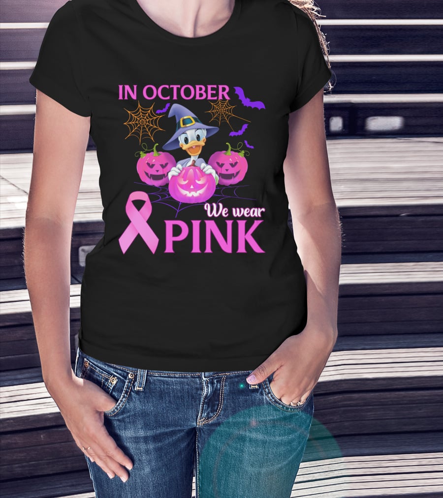 In October We Wear Pink Daisy D Breast Cancer Awareness Halloween Theme T-Shirt