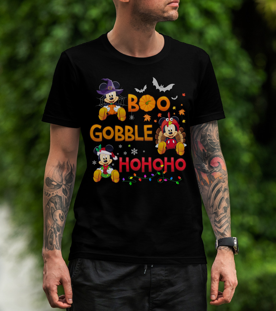 Boo Gobble Hohoho 2 Halloween Thanksgiving Christmas Mickey Minnie T-Shirt