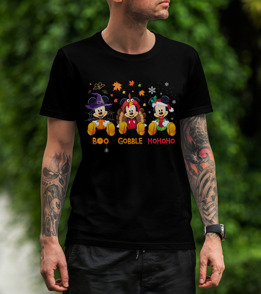 Boo Gobble Hohoho Mickey Mouse Halloween Thanksgiving Christmas Theme T-Shirt