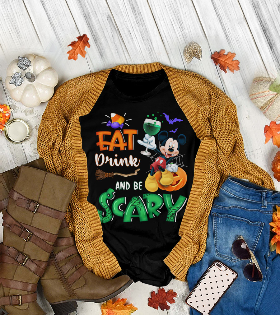 Eat Drink And Be Scary Mickey Halloween Wine Candy Bats Broom Pumpkin T-Shirt