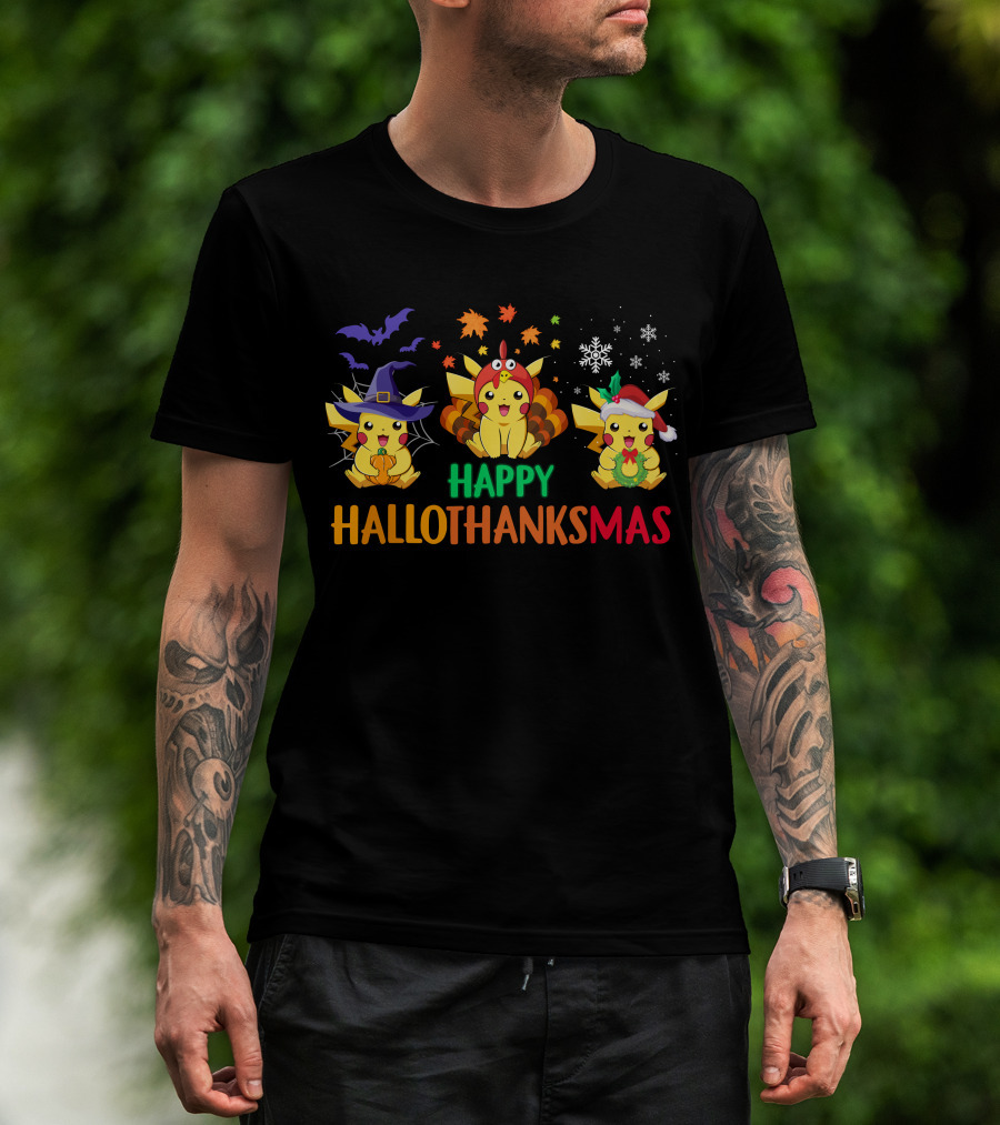 PIKACHU Happy HalloThanksMas Halloween Thanksgiving Christmas T-Shirt