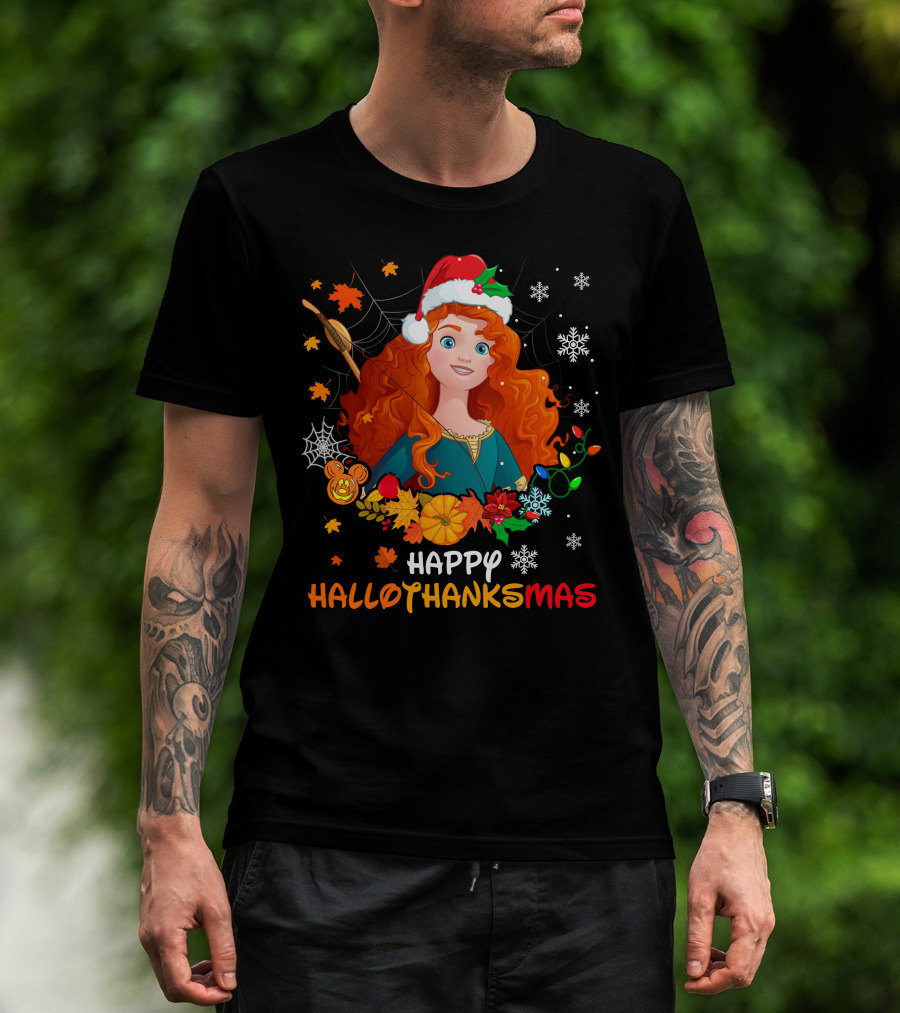 Merida Happy Hallothanksmas With Leaves And Snowflakes T-Shirt