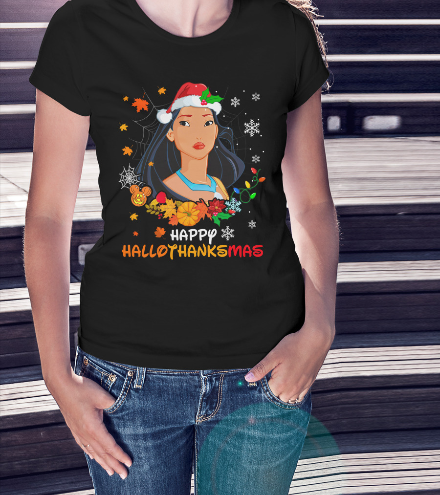 Happy Hallowthanksmas Pocahontas Santa Hat Thanksgiving Christmas Halloween T-Shirt