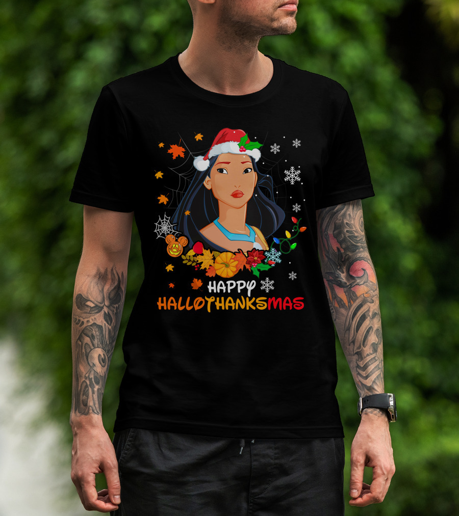 Happy Hallowthanksmas Pocahontas Santa Hat Thanksgiving Christmas Halloween T-Shirt