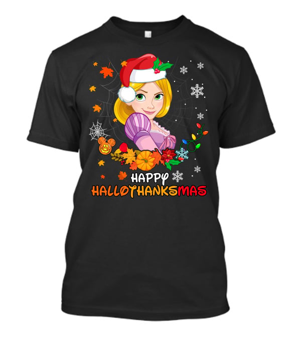 Happy Hallothanksmas Rapunzel Holiday Cheer With Festive Santa Hat And Seasonal Elements T-Shirt