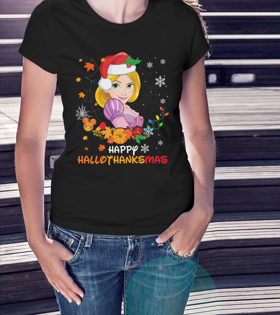 Happy Hallothanksmas Rapunzel Holiday Cheer With Festive Santa Hat And Seasonal Elements T-Shirt