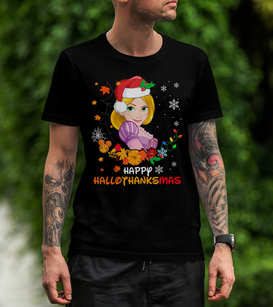 Happy Hallothanksmas Rapunzel Holiday Cheer With Festive Santa Hat And Seasonal Elements T-Shirt