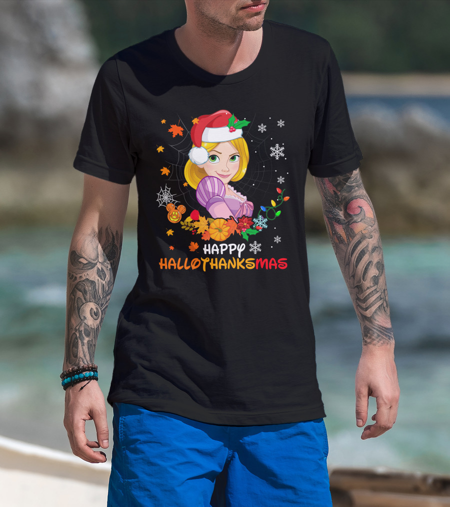 Happy Hallothanksmas Rapunzel Holiday Cheer With Festive Santa Hat And Seasonal Elements T-Shirt