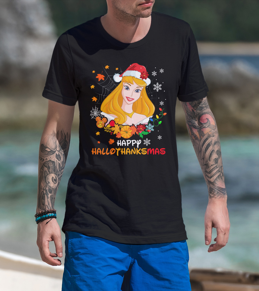 Happy Hallothanksmas Aurora Santa Hat Snowflakes Leaves T-Shirt