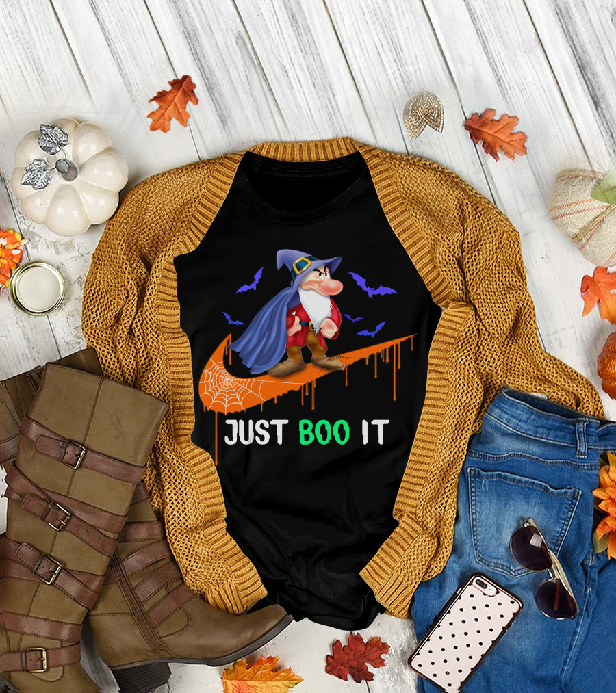 Just Boo It Witch Hat Grumpy With Purple Bats And Orange Swoosh T-Shirt