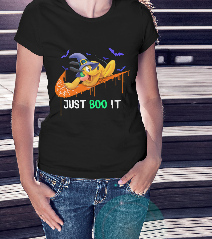 Just Boo It Halloween Pluto Witch Hat Bats Nike Swoosh T-Shirt