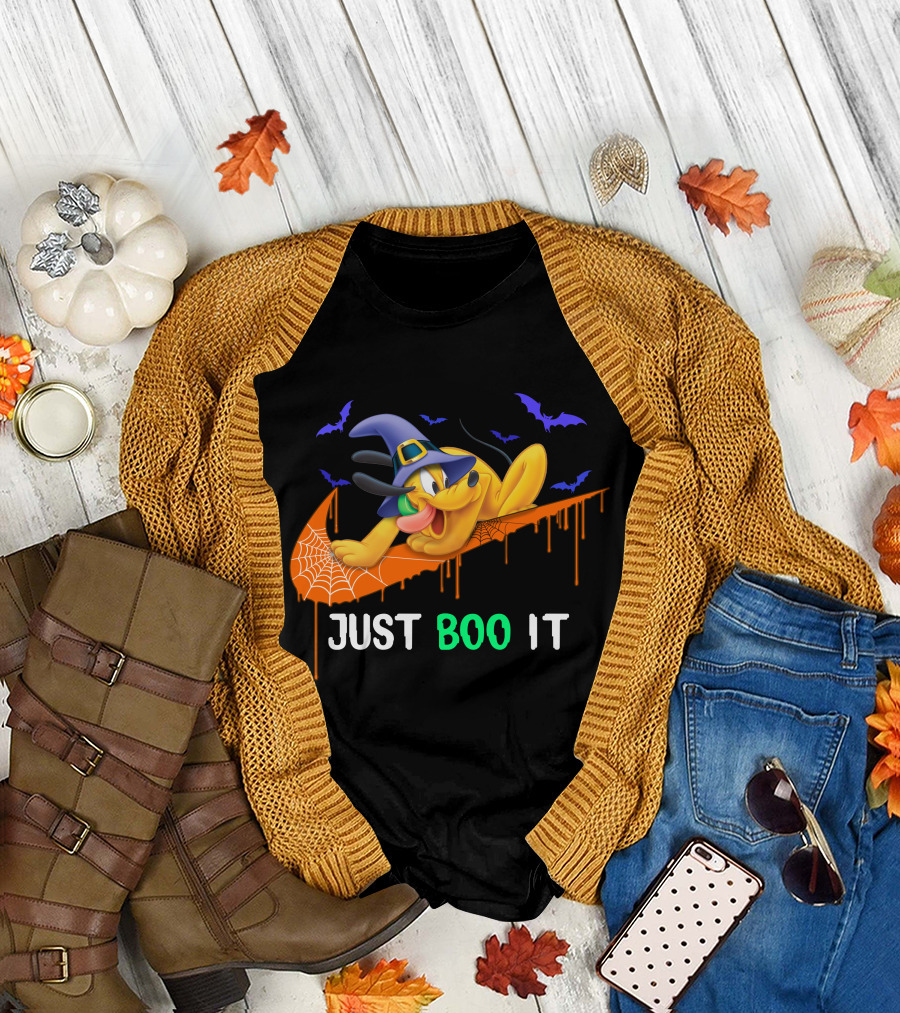 Just Boo It Halloween Pluto Witch Hat Bats Nike Swoosh T-Shirt
