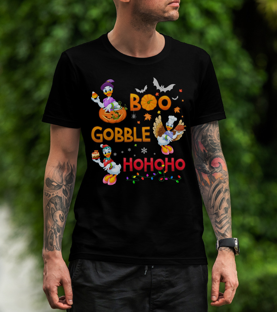 Boo Gobble Hohoho Daisy Duck Halloween Thanksgiving Christmas T-Shirt