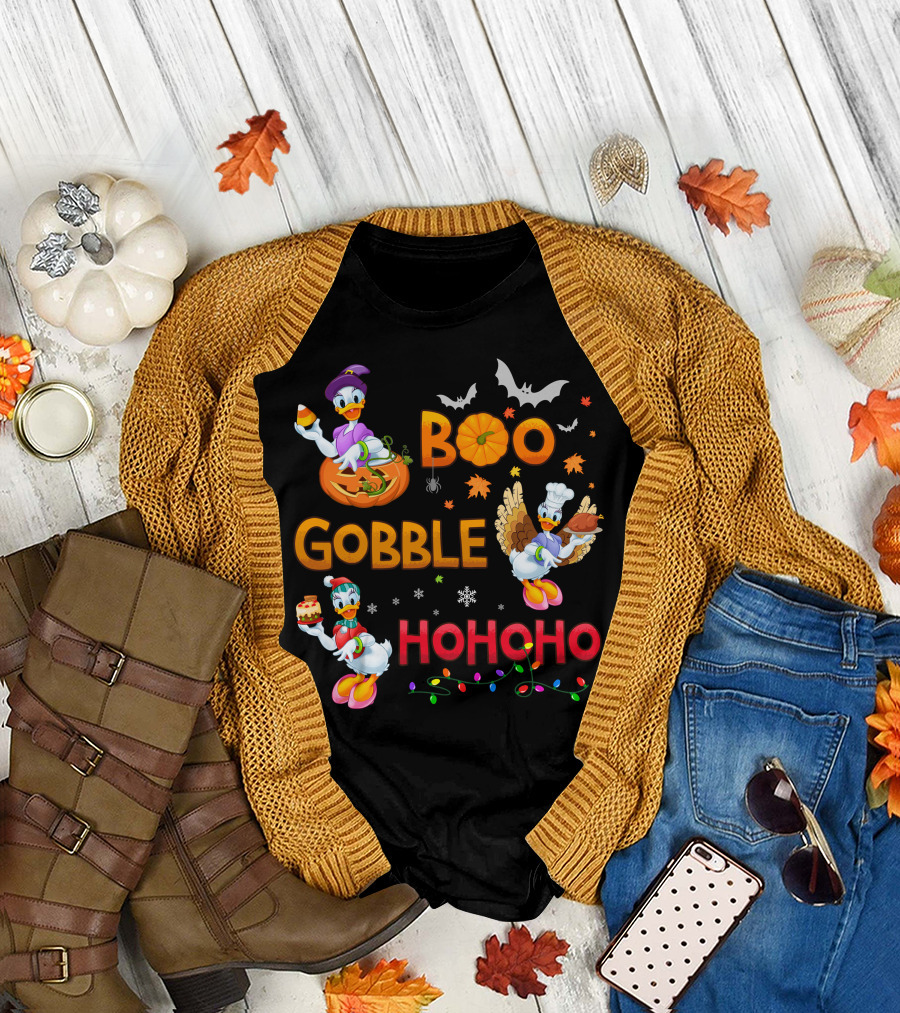 Boo Gobble Hohoho Daisy Duck Halloween Thanksgiving Christmas T-Shirt
