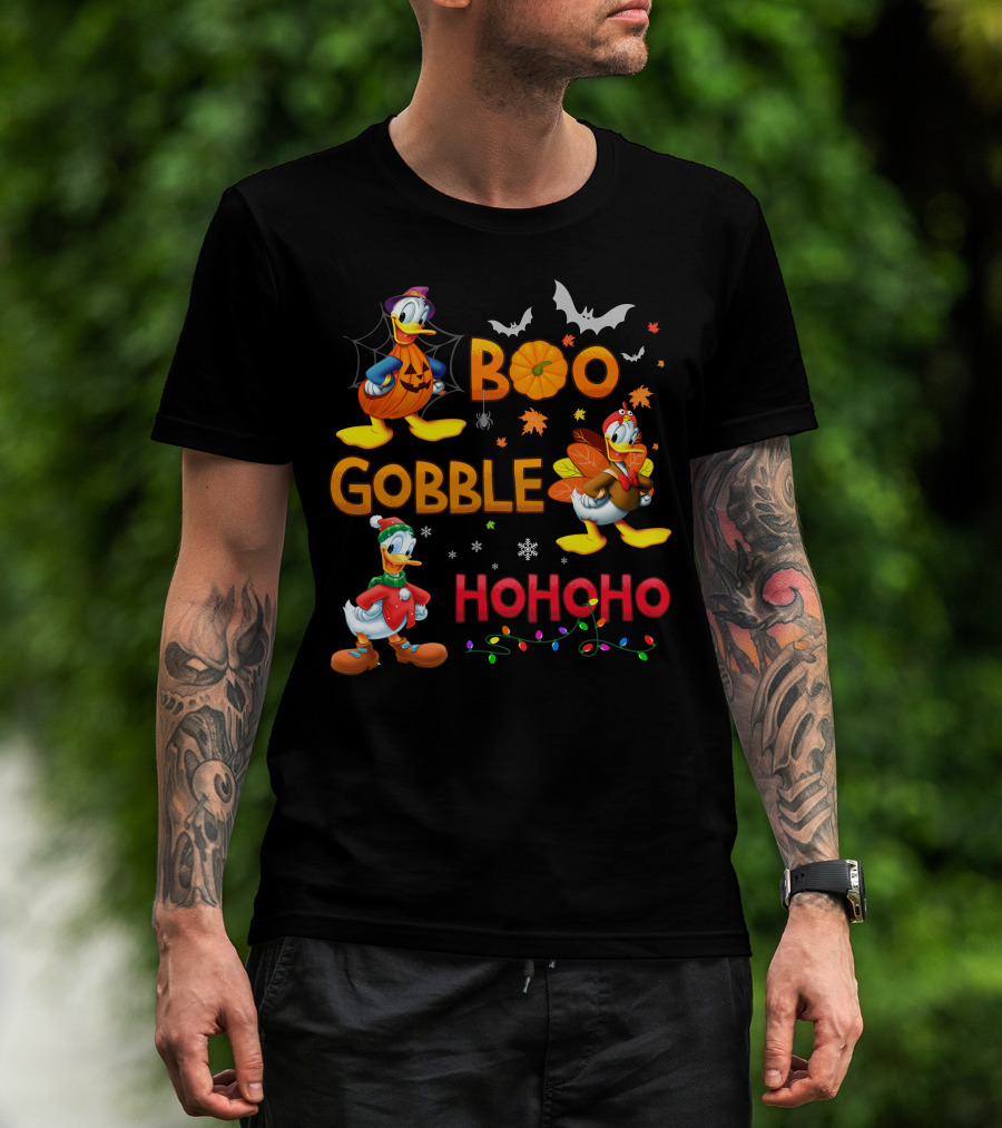 Boo Gobble Hohoho Donald Duck Halloween Thanksgiving Christmas T-Shirt