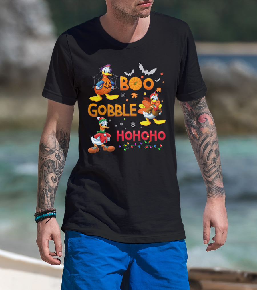 Boo Gobble Hohoho Donald Duck Halloween Thanksgiving Christmas T-Shirt