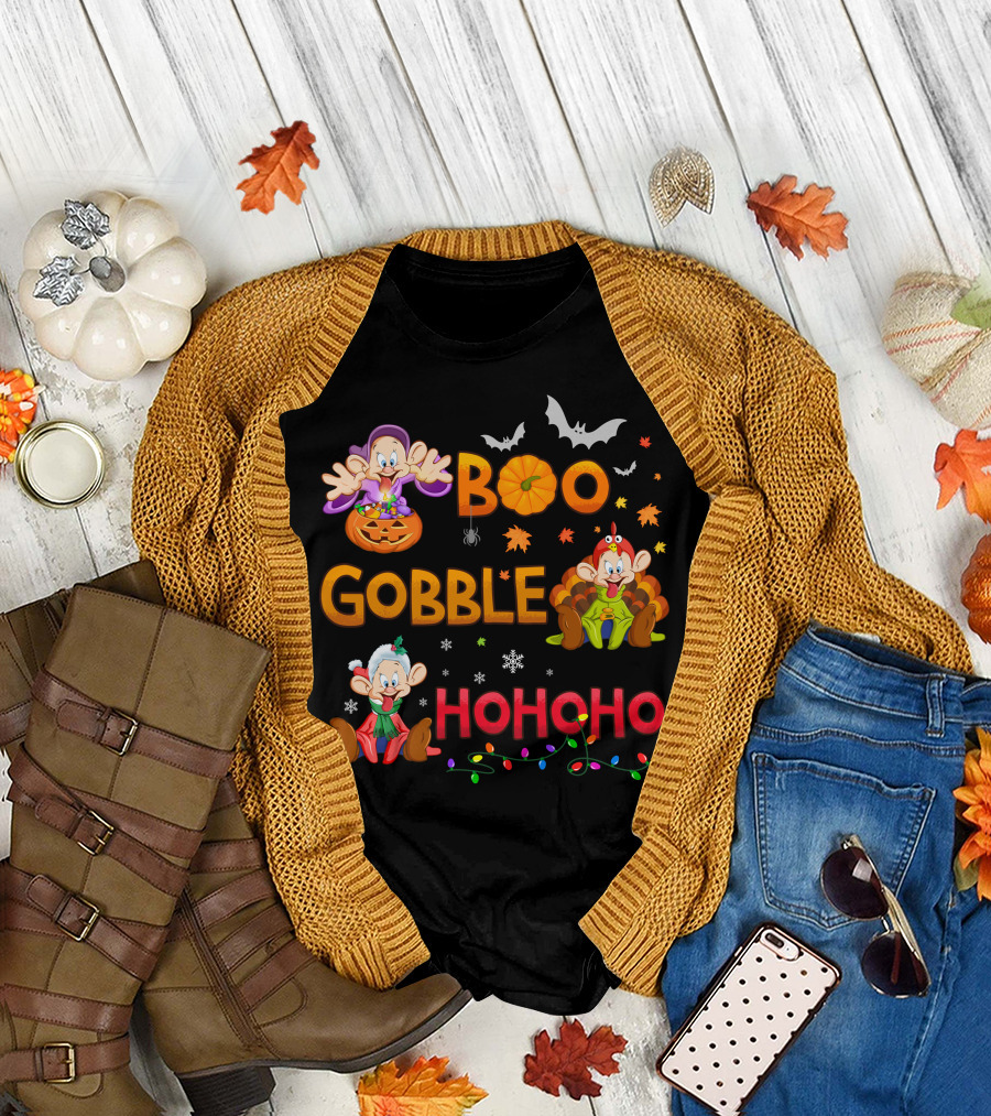 Boo Gobble Hohoho Dopey Halloween Thanksgiving Christmas T-Shirt