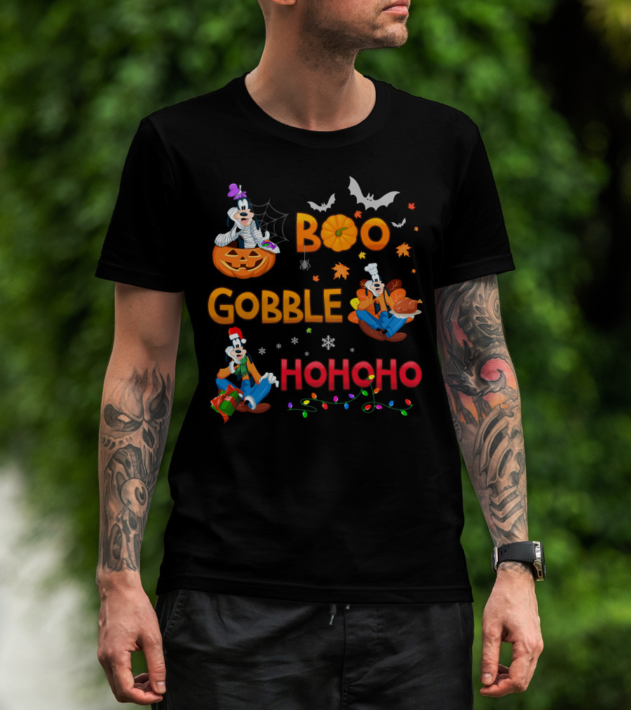 Boo Gobble Ho Ho Ho Goofy Halloween Thanksgiving Christmas T-Shirt