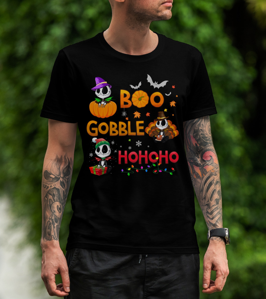 Boo Gobble Hohoho Jack Skellington Halloween Thanksgiving Christmas T-Shirt
