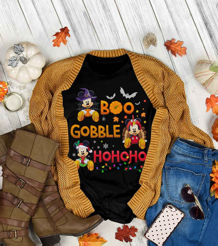 Boo Gobble Hohoho Mickey Mouse Halloween Thanksgiving Christmas T-Shirt
