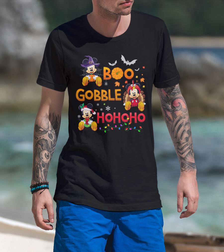 Boo Gobble Hohoho Mickey Mouse Halloween Thanksgiving Christmas T-Shirt