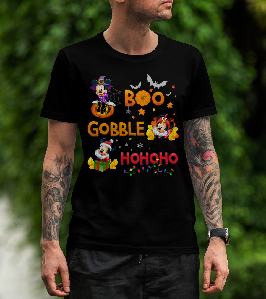 Boo Gobble Ho Ho Ho Minnie Halloween Thanksgiving Christmas T-Shirt