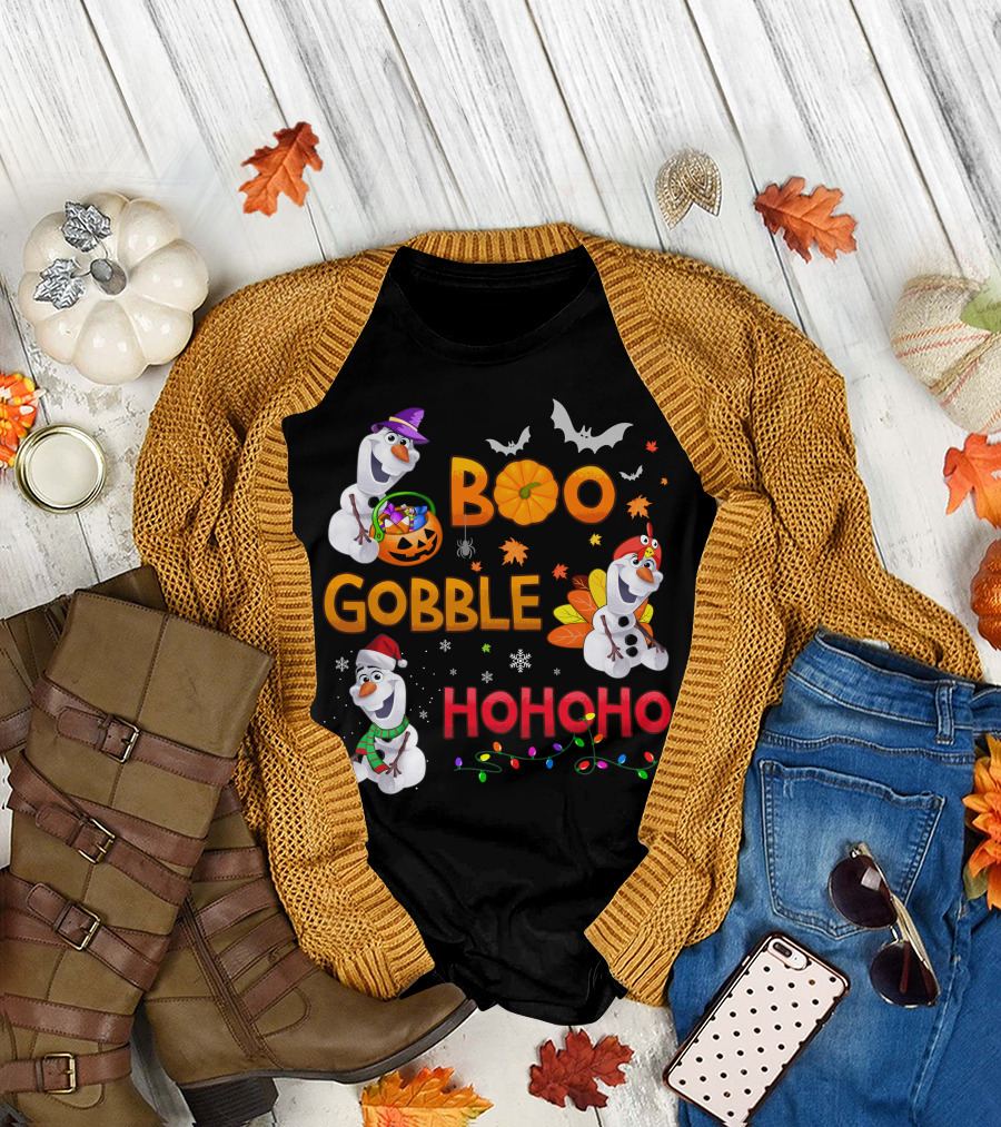 Boo Gobble Hohoho Olaf Halloween Thanksgiving Christmas T-Shirt