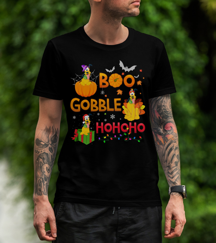 Boo Gobble Hohoho Pluto Halloween Thanksgiving Christmas T-Shirt