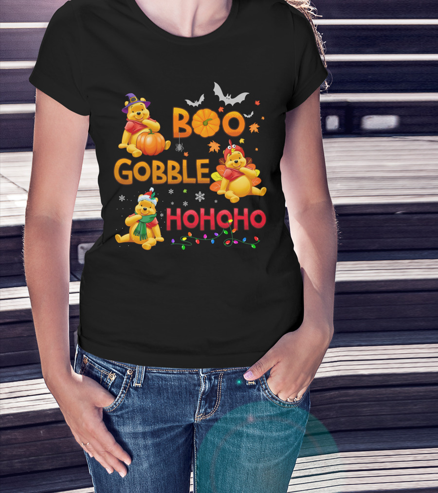 Boo Gobble Hohoho Pumpkin Bat Leaves Pooh T-Shirt