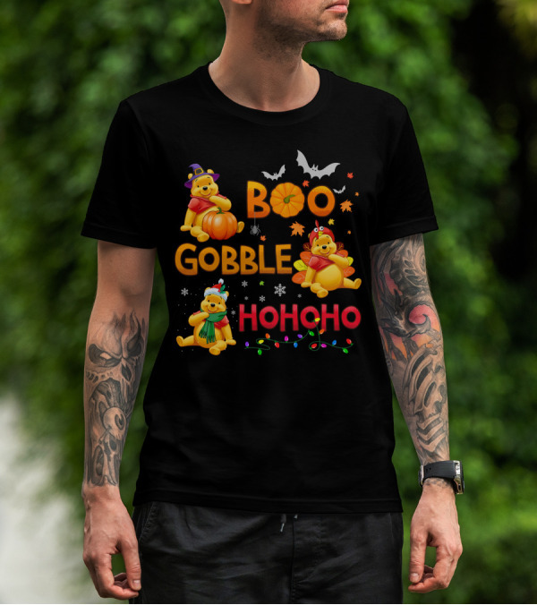 Boo Gobble Hohoho Pumpkin Bat Leaves Pooh T-Shirt