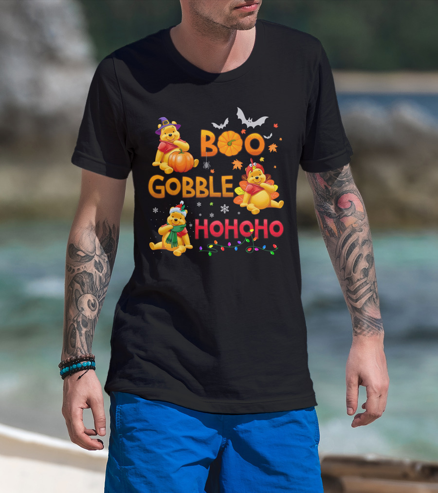 Boo Gobble Hohoho Pumpkin Bat Leaves Pooh T-Shirt
