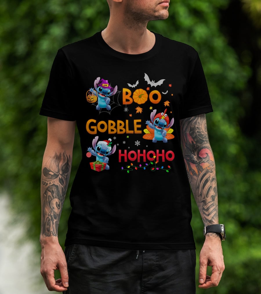 Boo Gobble Hohoho Stitch Halloween Thanksgiving Christmas T-Shirt