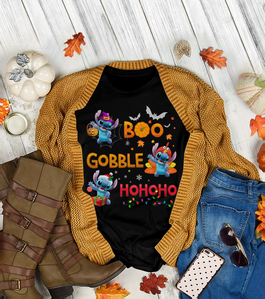 Boo Gobble Hohoho Stitch Halloween Thanksgiving Christmas T-Shirt