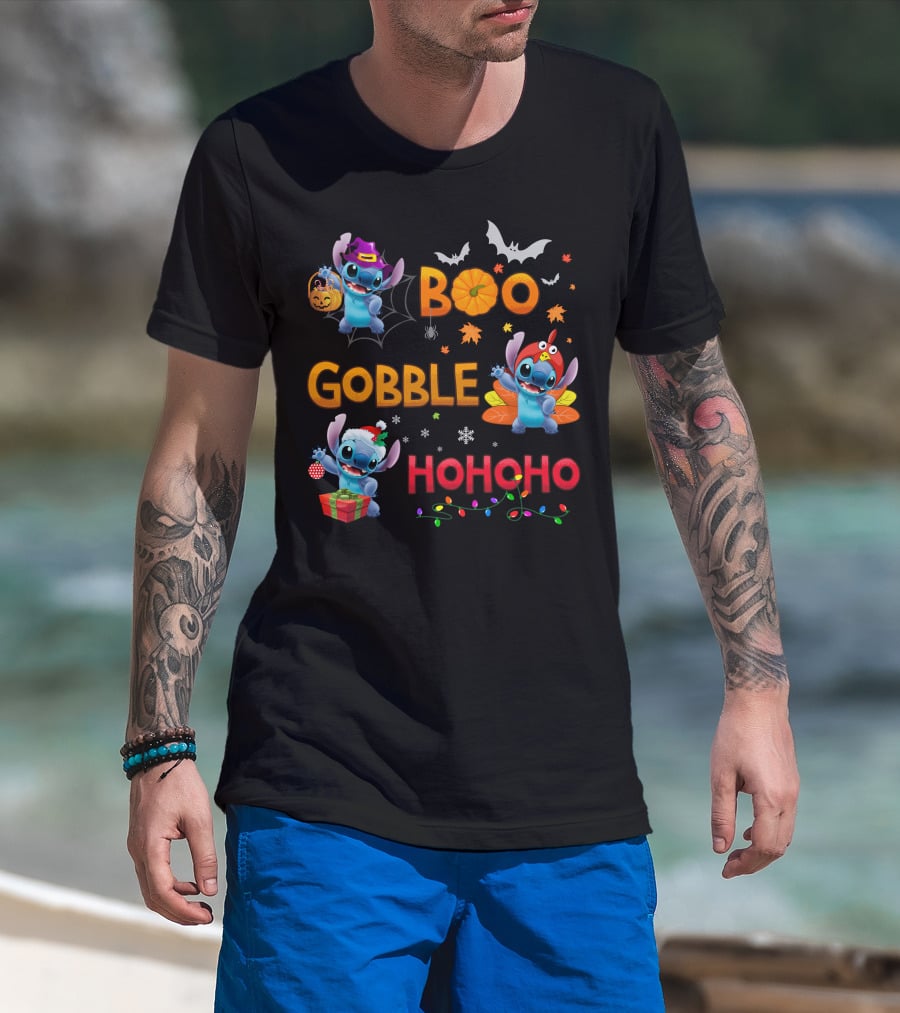 Boo Gobble Hohoho Stitch Halloween Thanksgiving Christmas T-Shirt