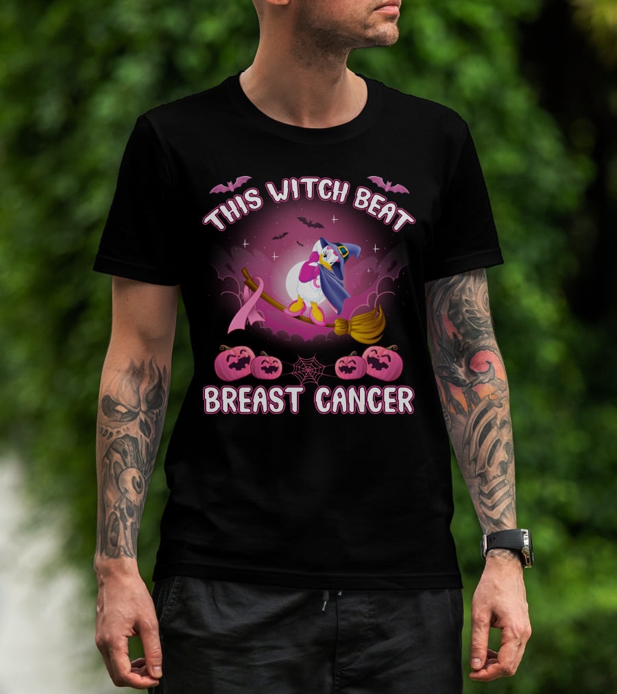 This Witch Beat Breast Cancer Daisy D Broom Pink Ribbon Pumpkins Bat Night Sky T-Shirt