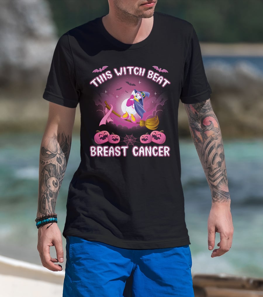 This Witch Beat Breast Cancer Daisy D Broom Pink Ribbon Pumpkins Bat Night Sky T-Shirt