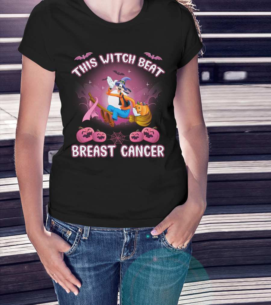This Witch Beat Breast Cancer Goofy D Halloween Pumpkins Broom Ribbon T-Shirt