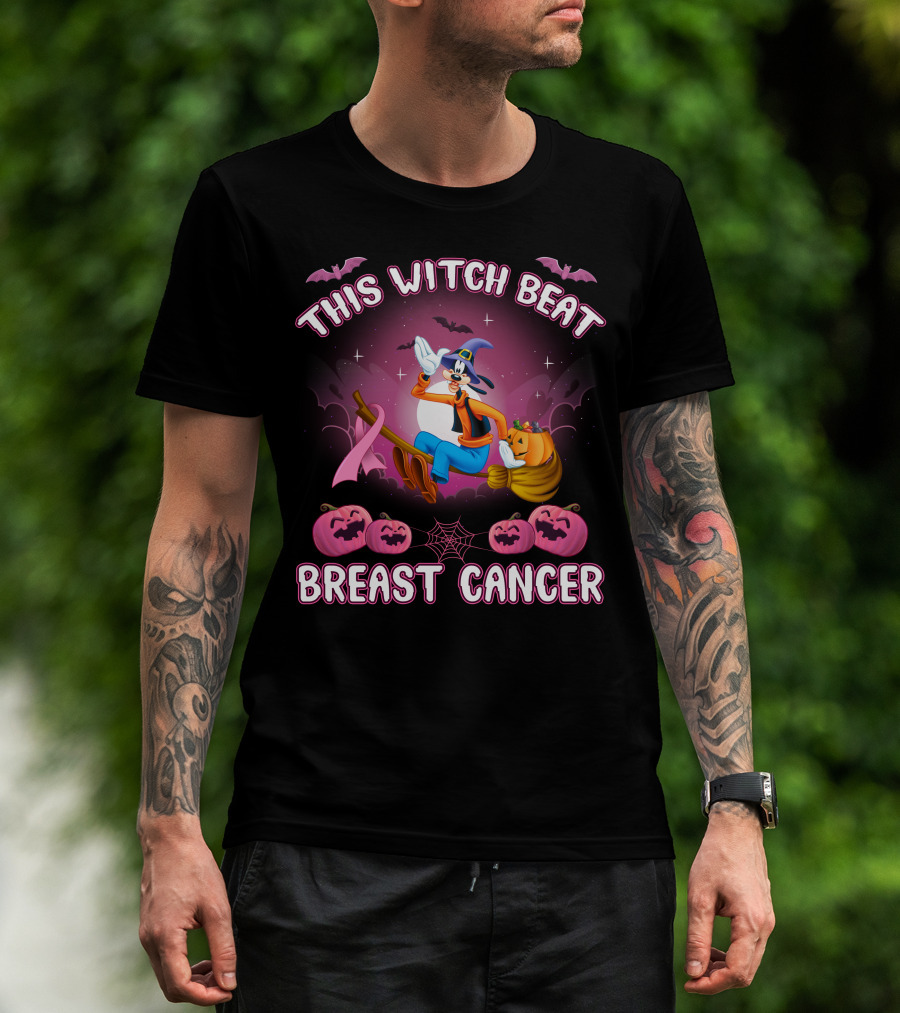 This Witch Beat Breast Cancer Goofy D Halloween Pumpkins Broom Ribbon T-Shirt