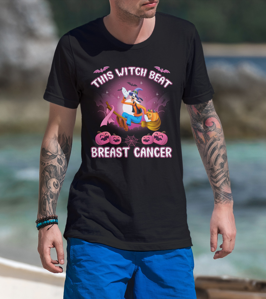 This Witch Beat Breast Cancer Goofy D Halloween Pumpkins Broom Ribbon T-Shirt