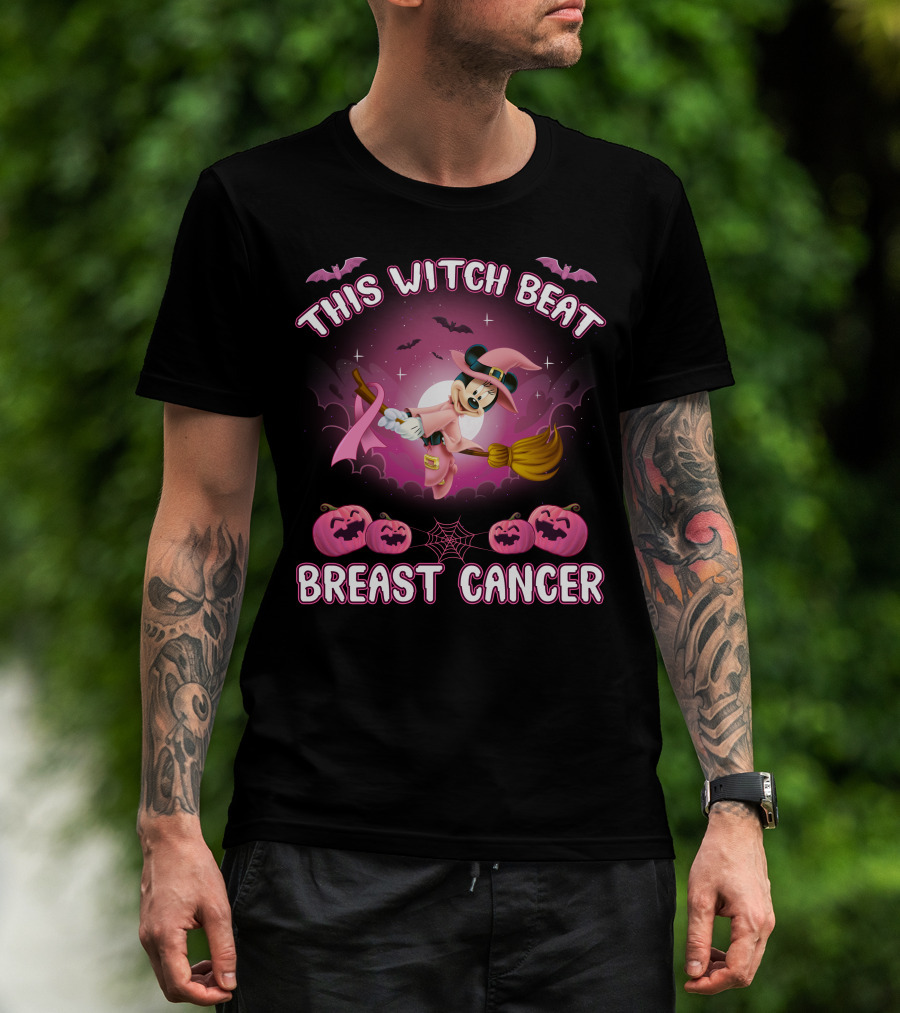 This Witch Beat Breast Cancer Minnie Witch Hat Pink Broom Halloween T-Shirt