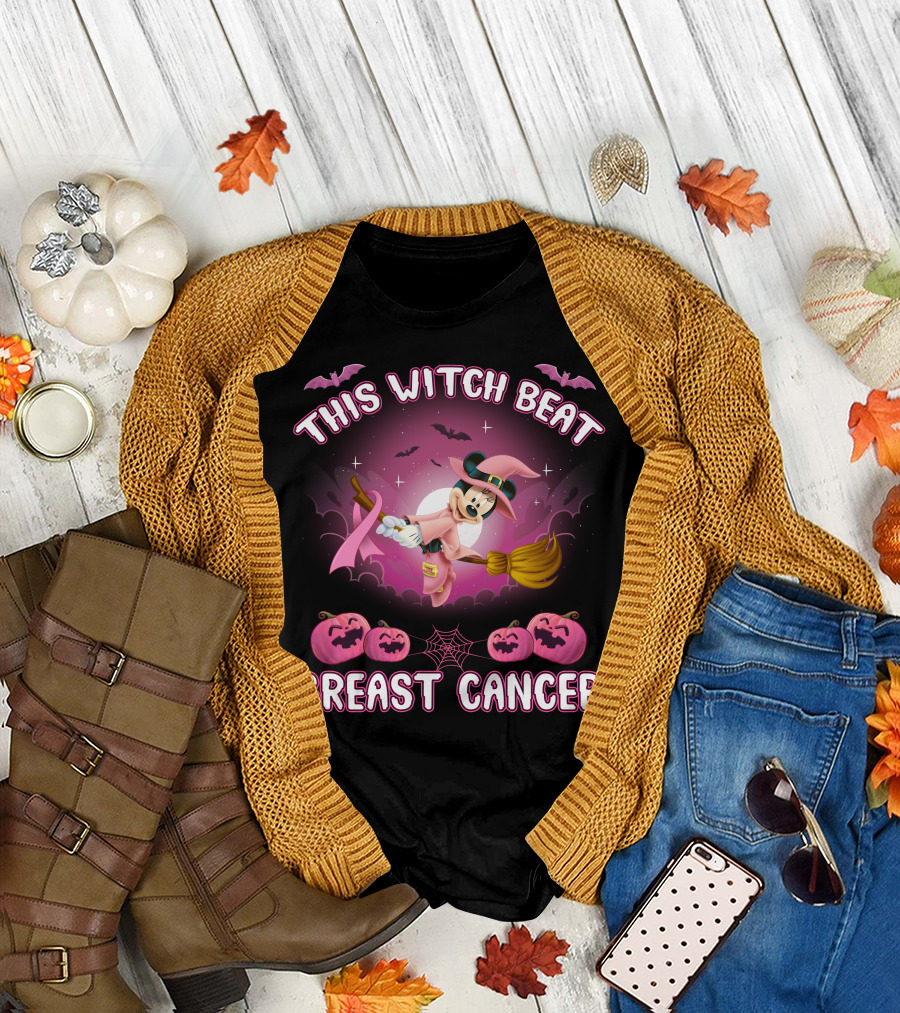 This Witch Beat Breast Cancer Minnie Witch Hat Pink Broom Halloween T-Shirt