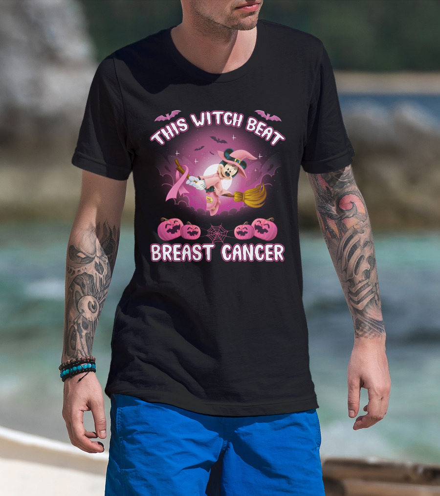 This Witch Beat Breast Cancer Minnie Witch Hat Pink Broom Halloween T-Shirt