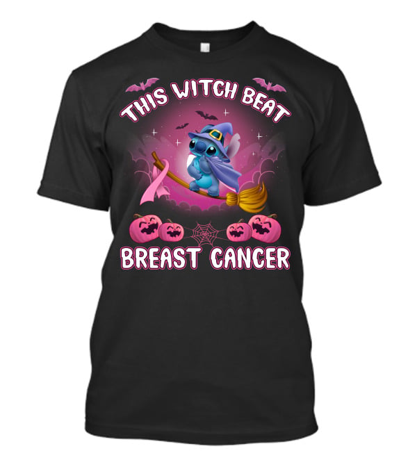 This Witch Beat Breast Cancer Stitch Riding Broom With Pumpkins And Bats T-Shirt