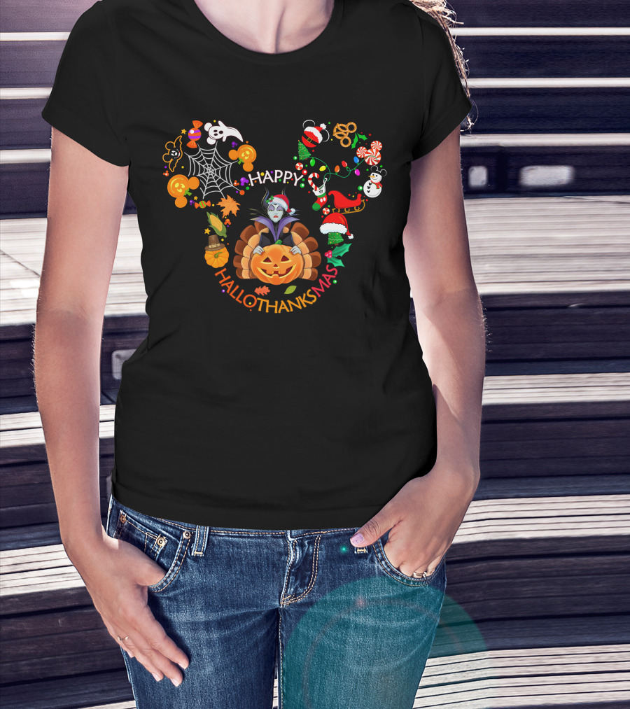 Happy Hallothanksmas Maleficent Halloween Thanksgiving Christmas Magic T-Shirt