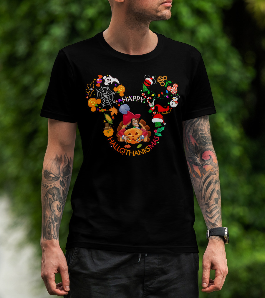 Happy Hallothanksmas Captain Hook Mickey Ears Halloween Thanksgiving Christmas Celebration T-Shirt
