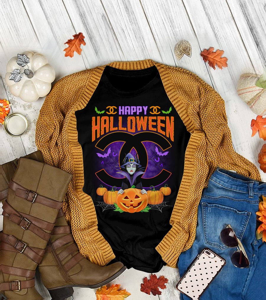 Happy Halloween Maleficent Pumpkins Bats Spiderwebs Double C T-Shirt