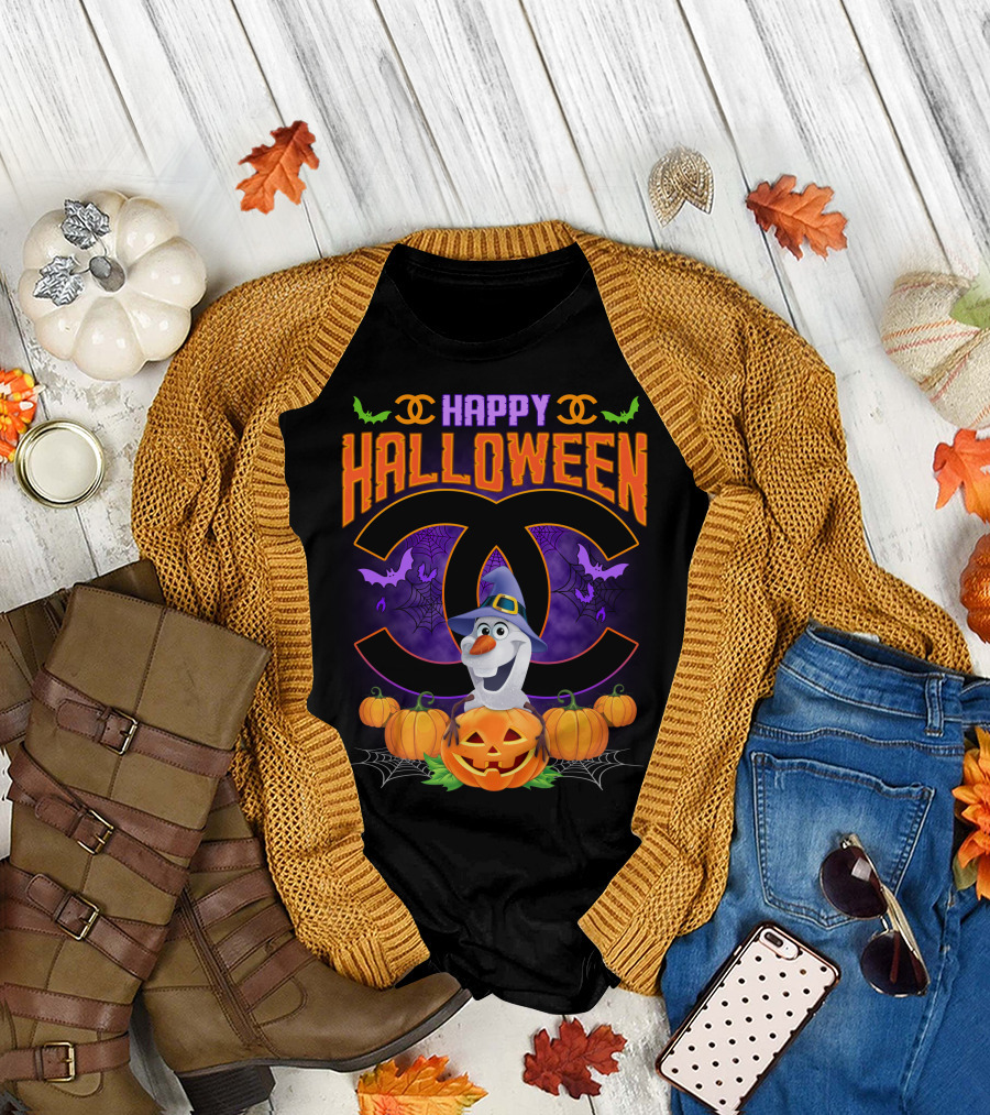 Happy Halloween Olaf Pumpkins Bats Spiders Black T-Shirt