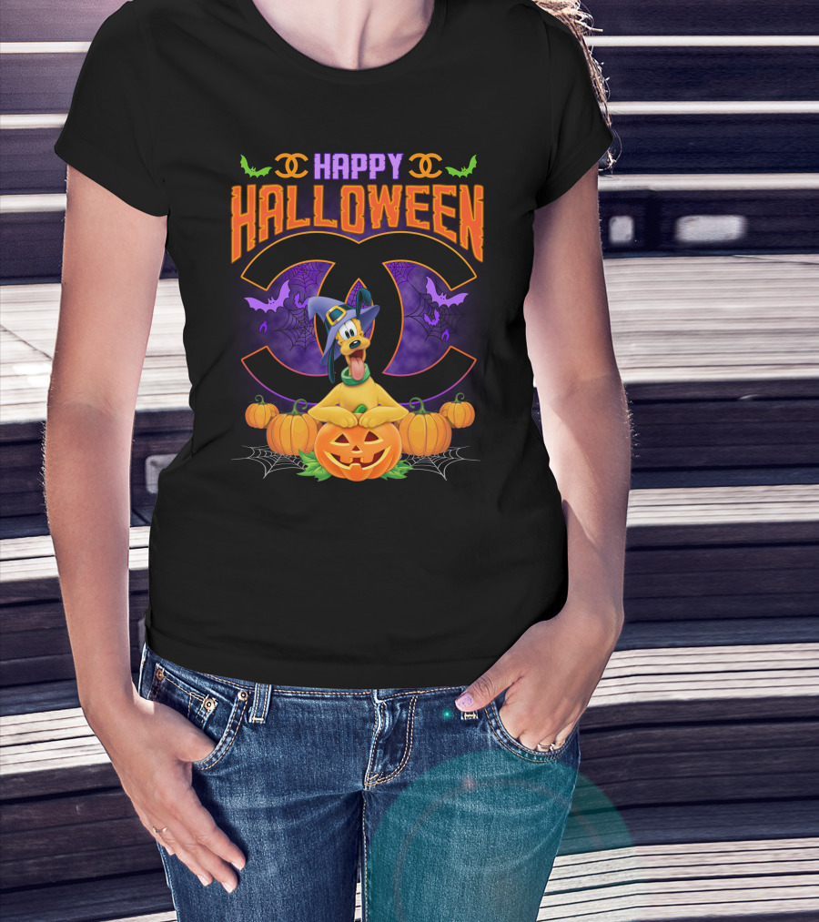 Happy Halloween Pluto Pumpkins Bat Symbols And Spider Webs T-Shirt